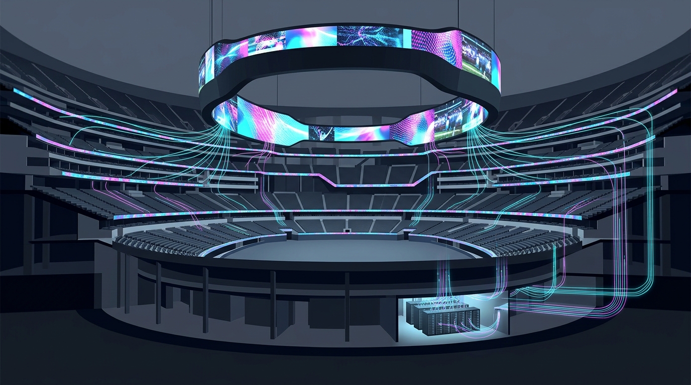 Top picture showing stadium IPTV deployment with screens and head‑end