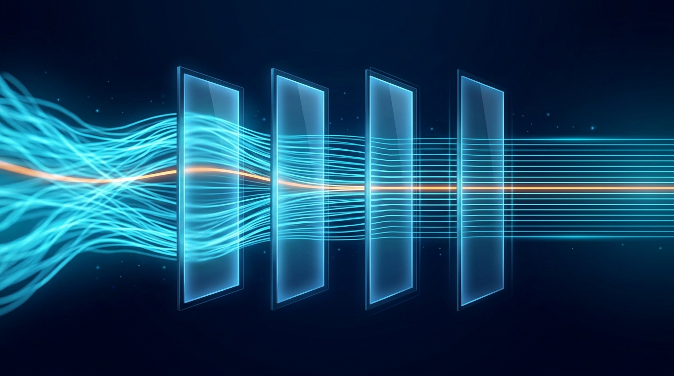 Abstract illustration of streams of light passing through a series of panels and becoming more ordered