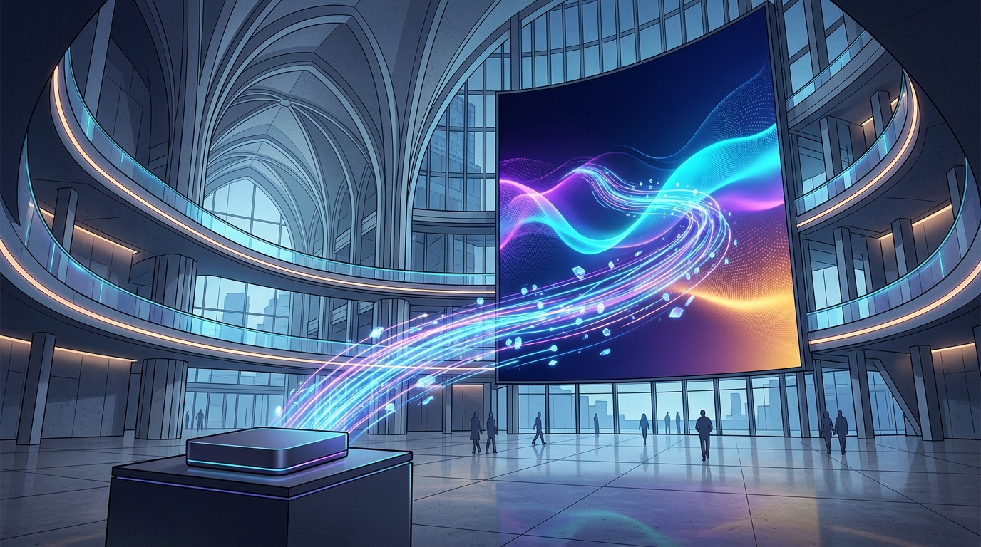 A set-top box powers a massive screen in the lobby of an arena.
